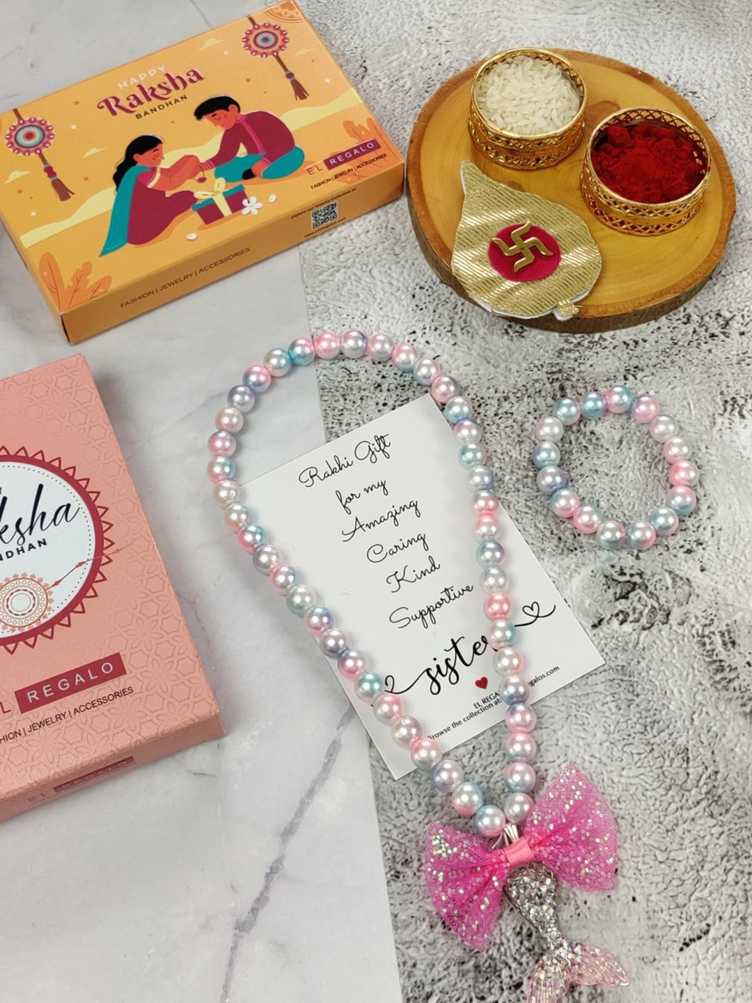 

EL REGALO Girls Set of 2 Rakhi Gift Jewellery Set, Silver