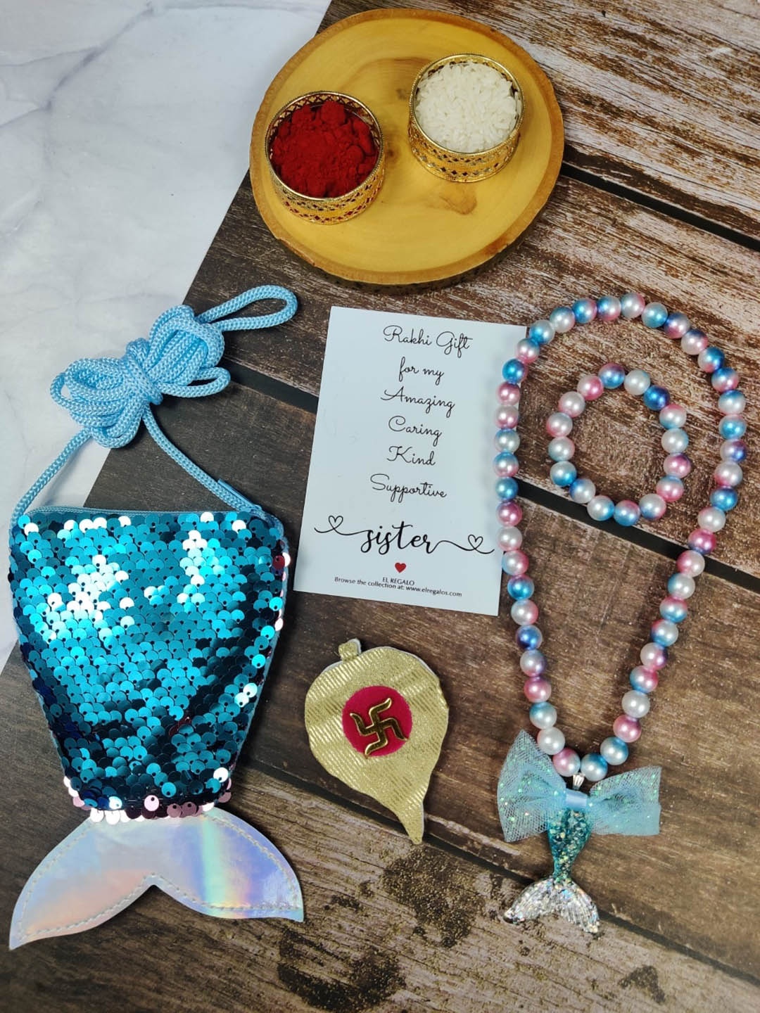 

EL REGALO Girls Set of 3 Sequined Rakhi Gift Jewellery Set, Blue