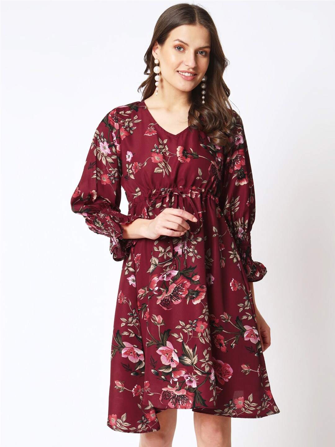 

CUFFS N LASHES Floral Printed V-Neck Puff Sleeve Fit & Flare Dress, Maroon