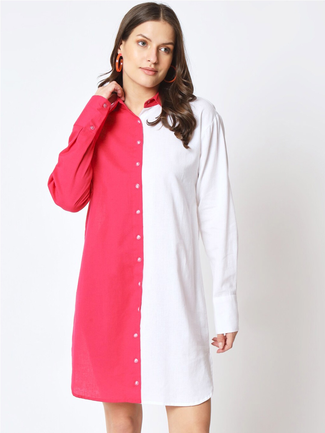 

CUFFS N LASHES Shirt Collar Cotton Shirt Style Dress, Pink
