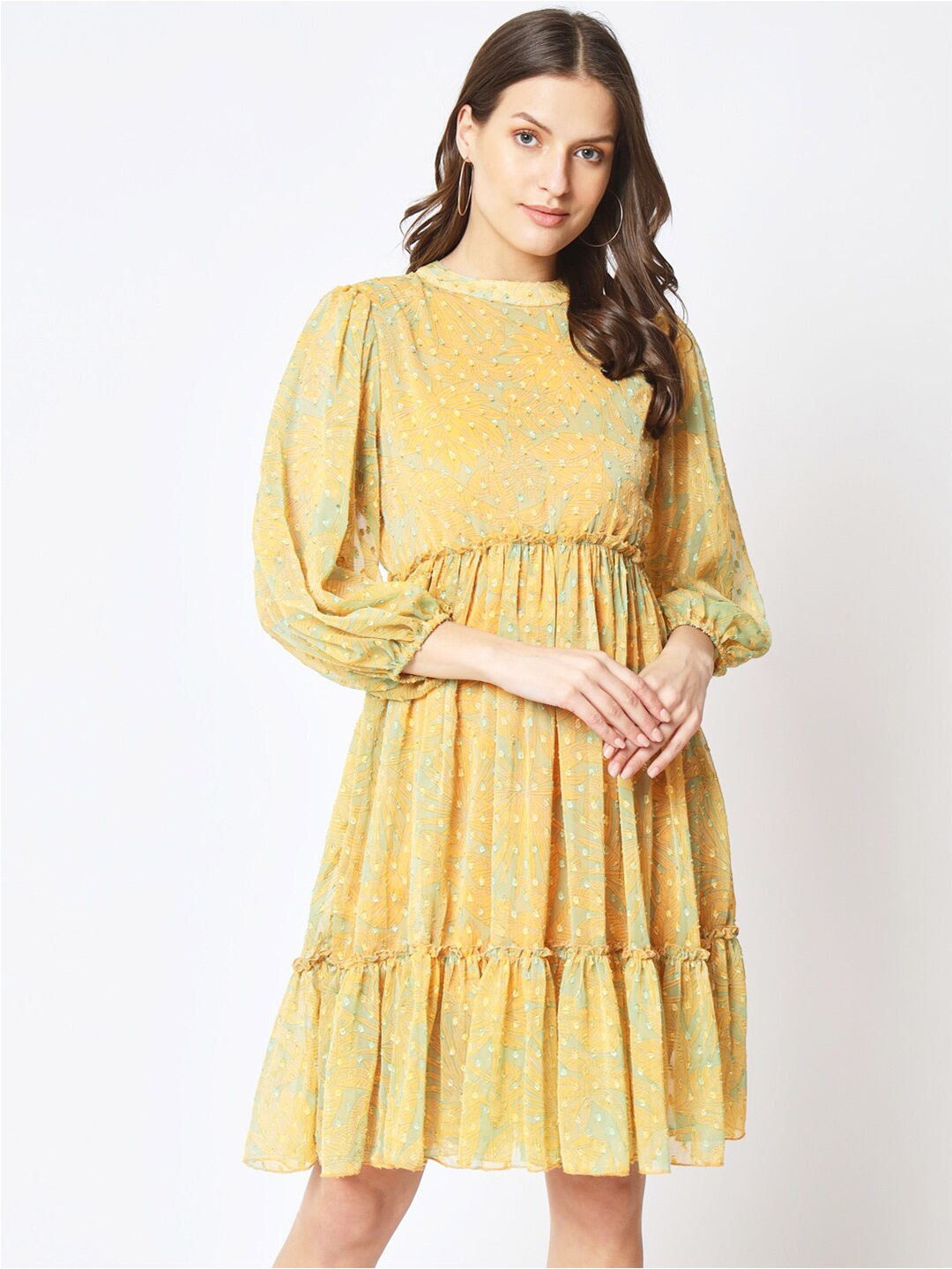 

CUFFS N LASHES Floral Printed Cut-Out Detailed Puff Sleeve A-Line Dress, Yellow