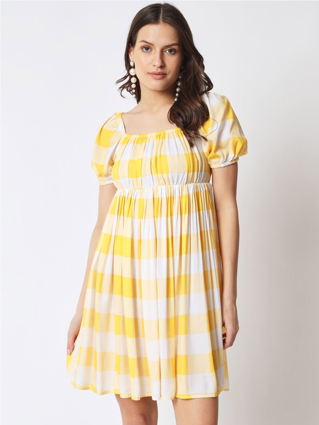 

CUFFS N LASHES Checked Square Neck Puff Sleeve A-Line Dress, Yellow