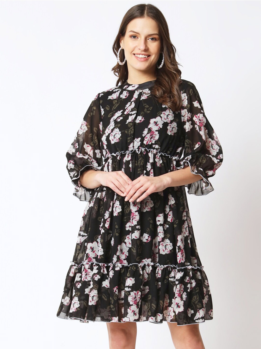 

CUFFS N LASHES Floral Printed Puff Sleeves Fit & Flare Dress, Black