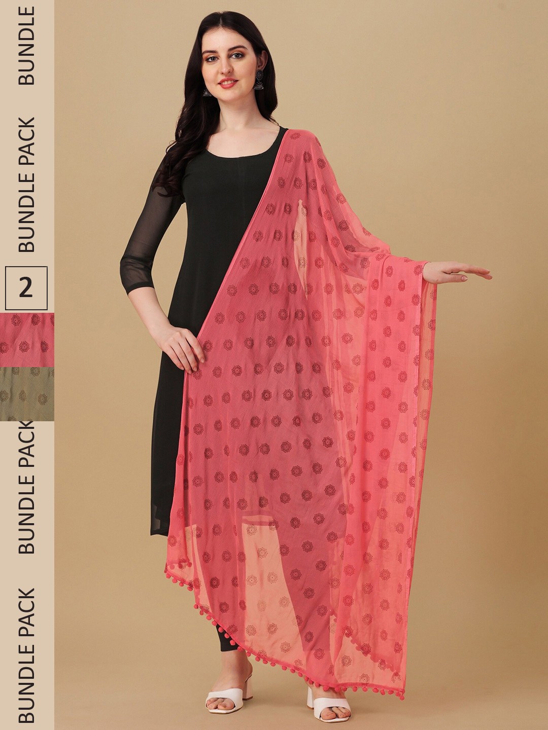 

Nimidiya Pack of 2 Ethnic Motifs Printed Chiffon Dupattas, Pink