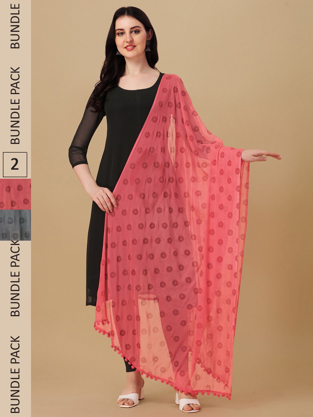 

Nimidiya Pack of 2 Ethnic Motifs Printed Chiffon Dupattas, Pink
