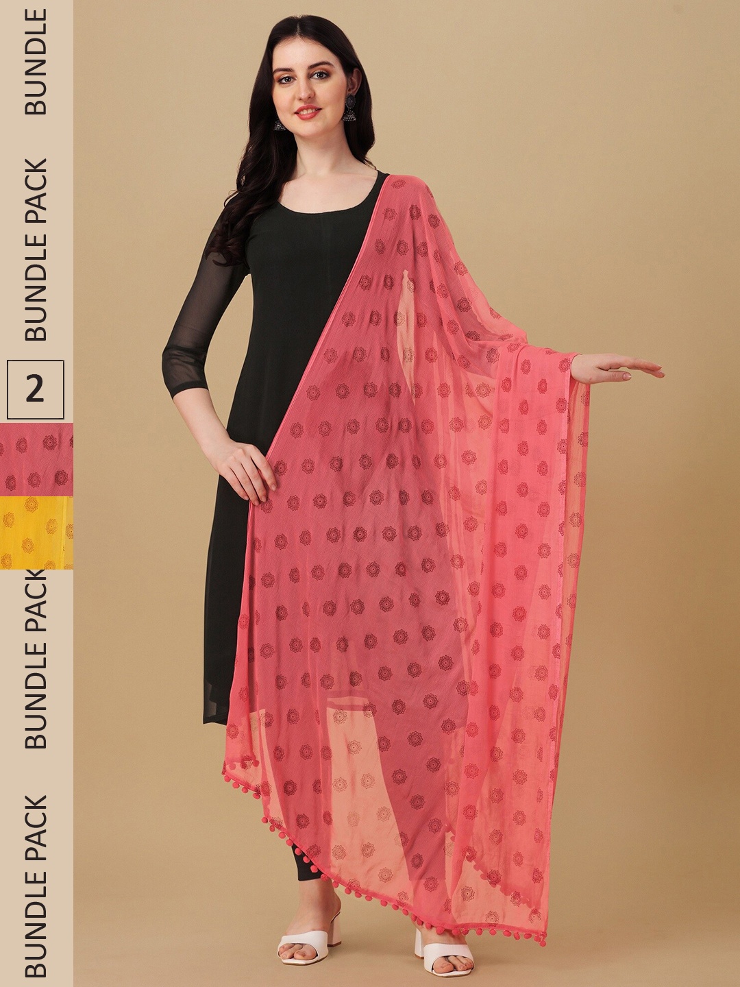 

Nimidiya Pack of 2 Ethnic Motifs Printed Chiffon Dupattas, Pink
