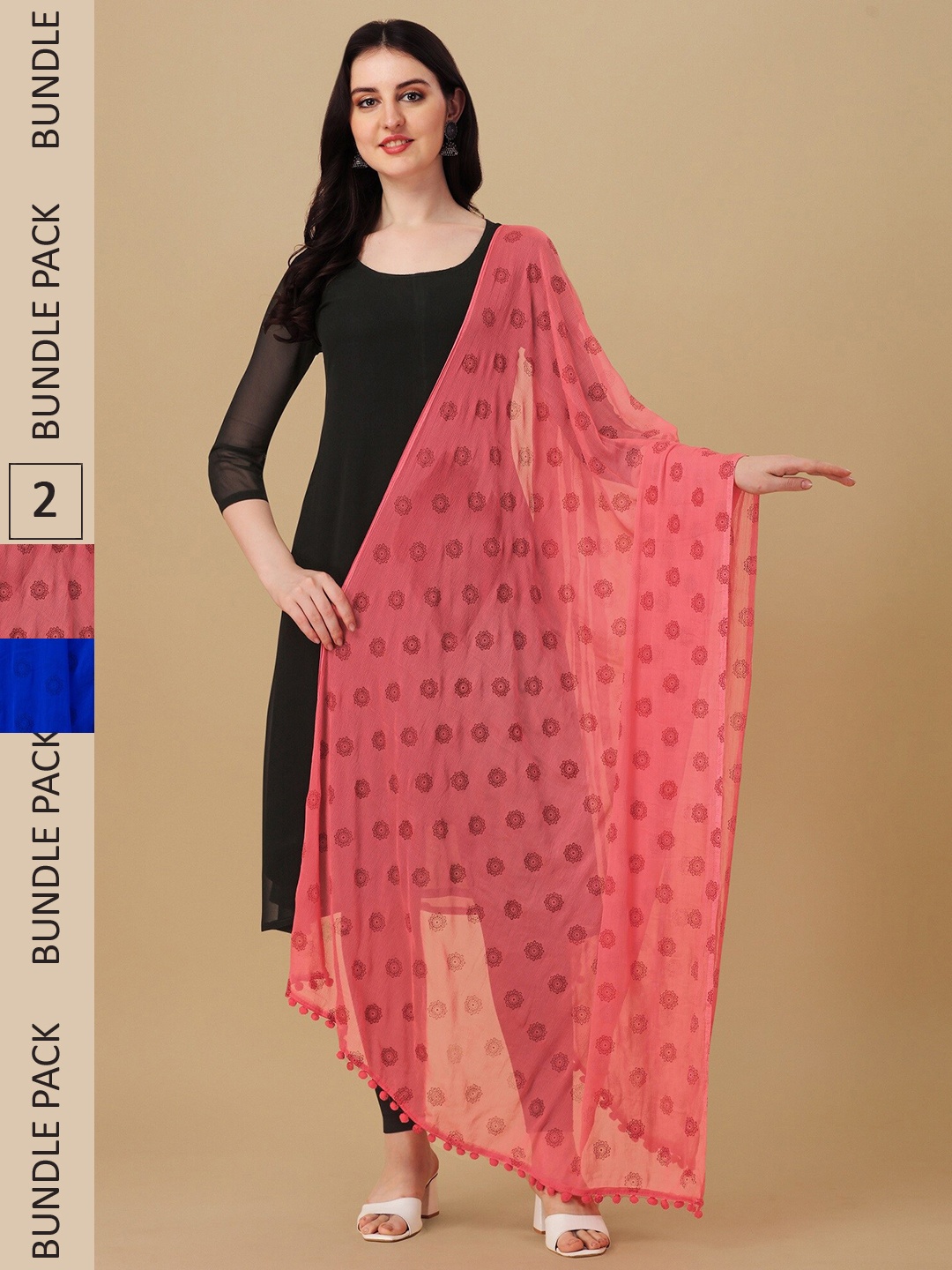 

Nimidiya Pack Of 2 Ethnic Motifs Printed Chiffon Dupattas, Pink