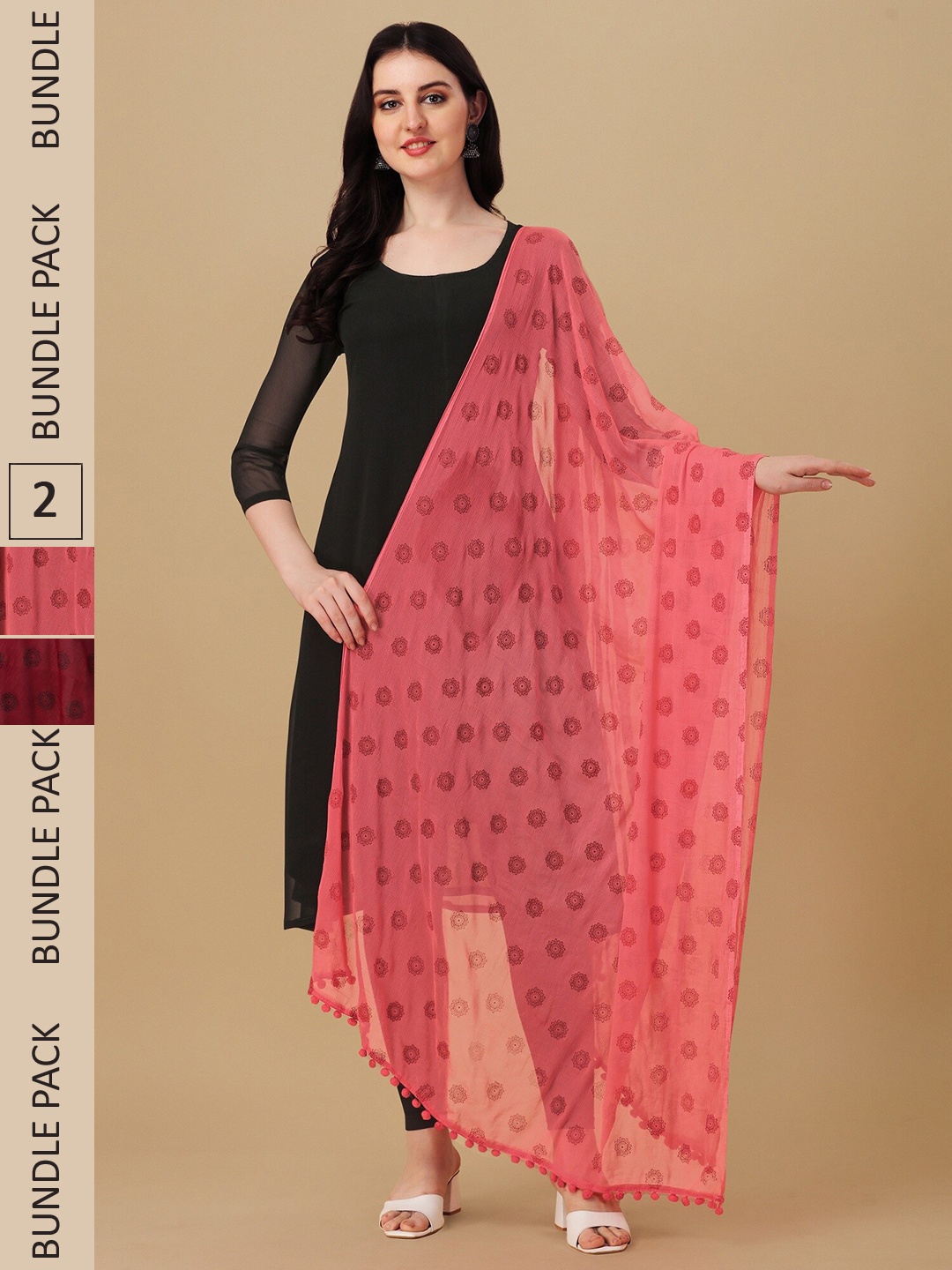 

Nimidiya Pack Of 2 Ethnic Motifs Printed Dupatta, Pink