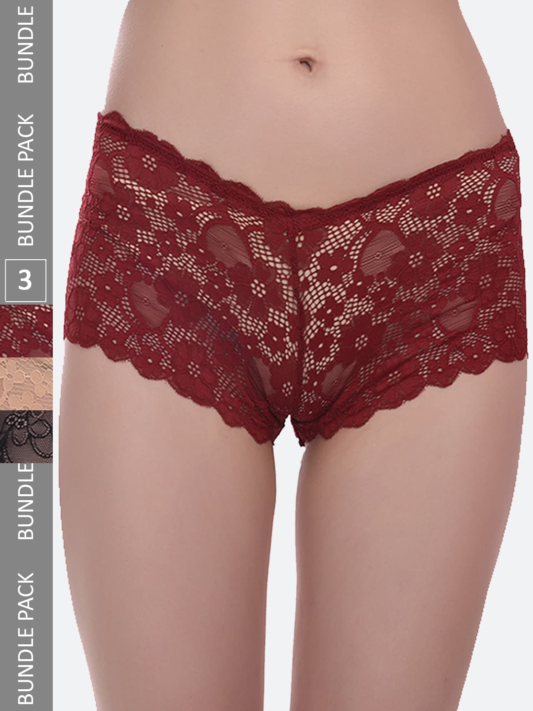 Fleurt Pack Of 3 Lace Boy Short Briefs, Maroon