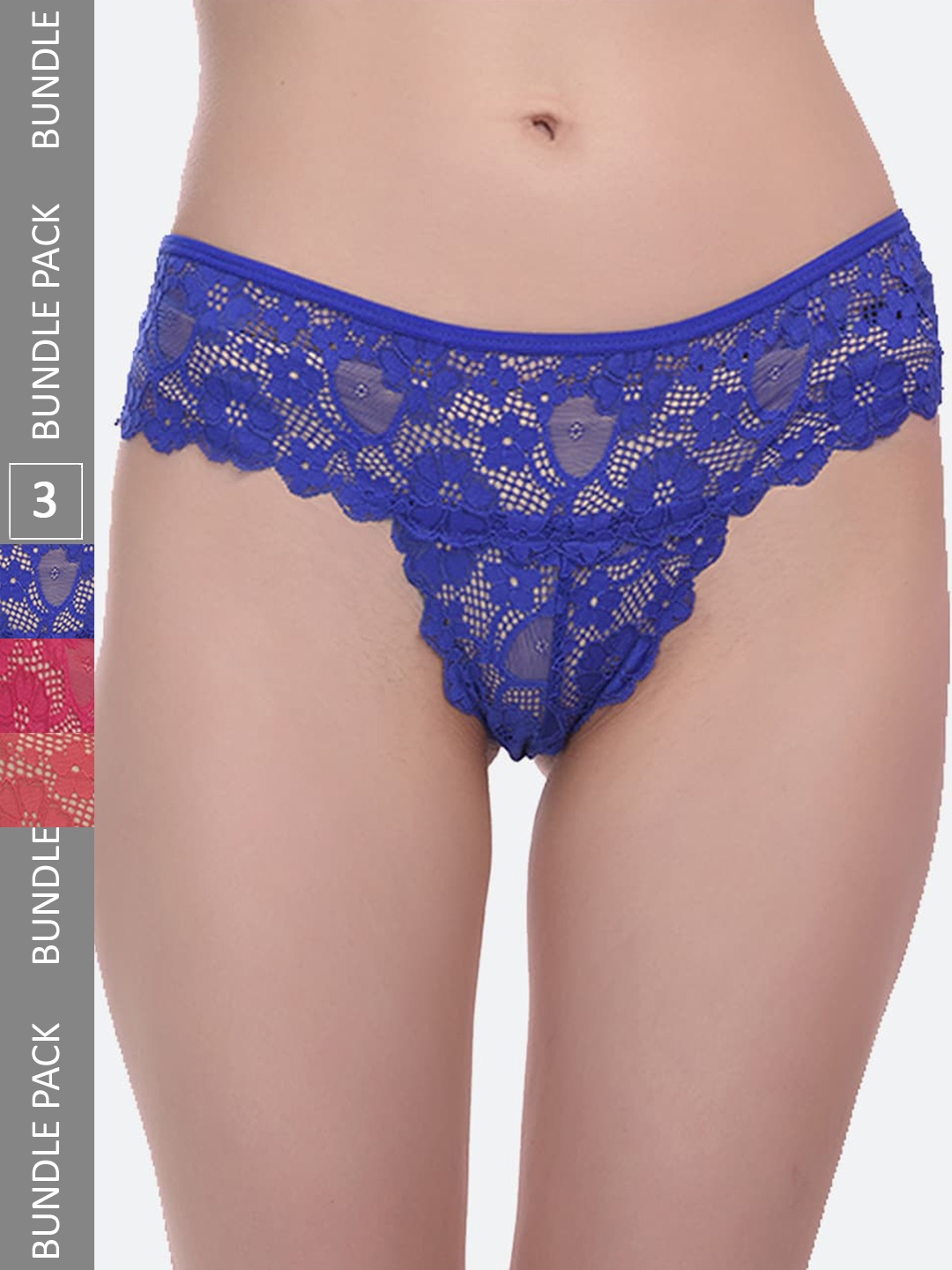 

Fleurt Pack Of 3 Lace Thong Briefs, Blue