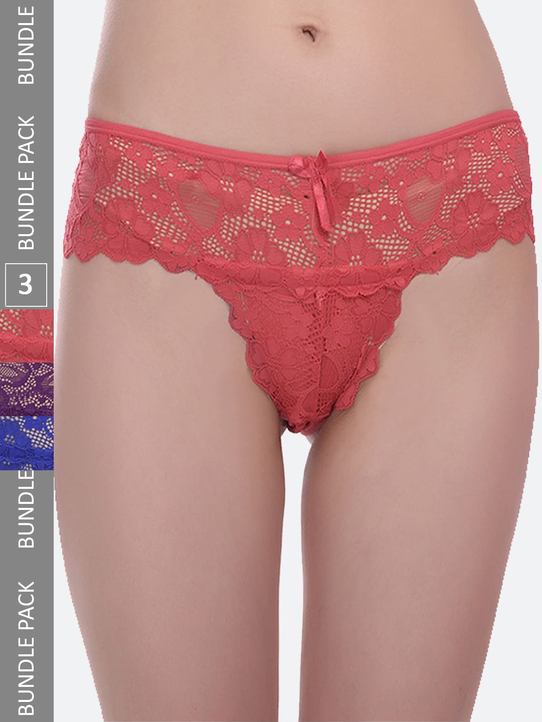 

Fleurt Assorted Pack Of 3 Self Design Lace Thong Briefs