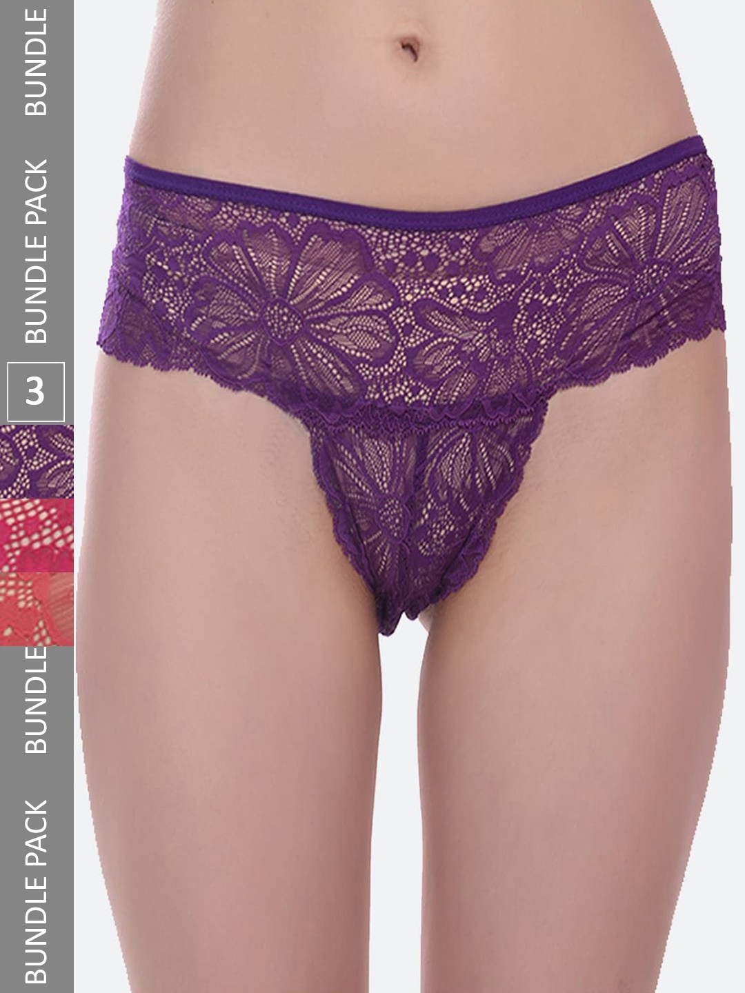 

Fleurt Assorted Pack Of 3 Self Design Lace Thong Briefs