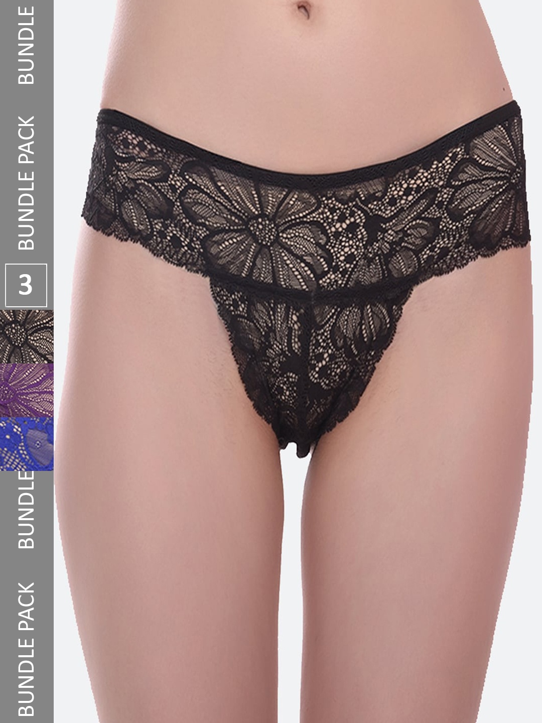 

Fleurt Assorted Pack Of 3 Self Design Lace Thong Briefs
