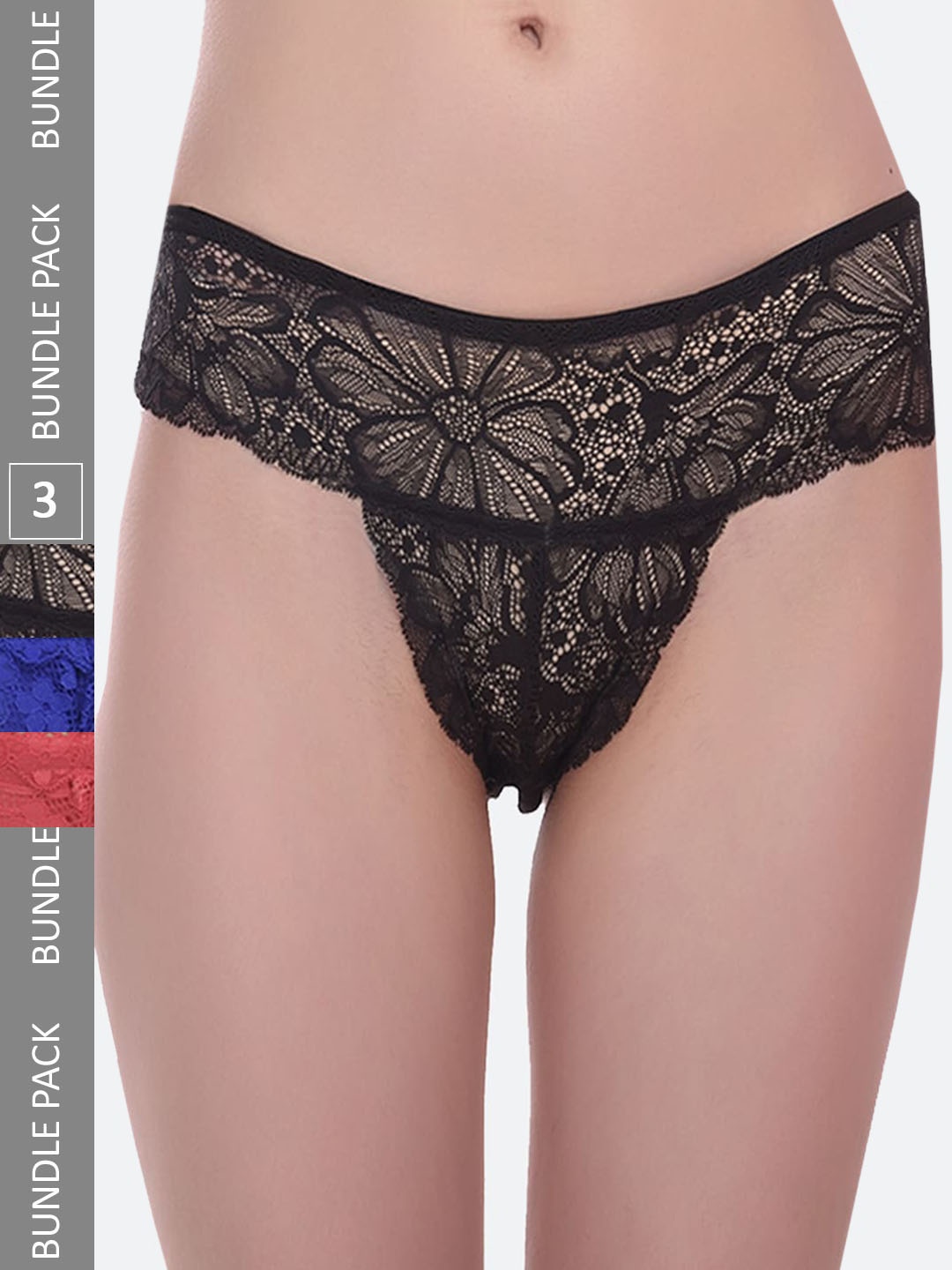 

Fleurt Women Pack Of 3 Assorted Self Design Thongs Briefs