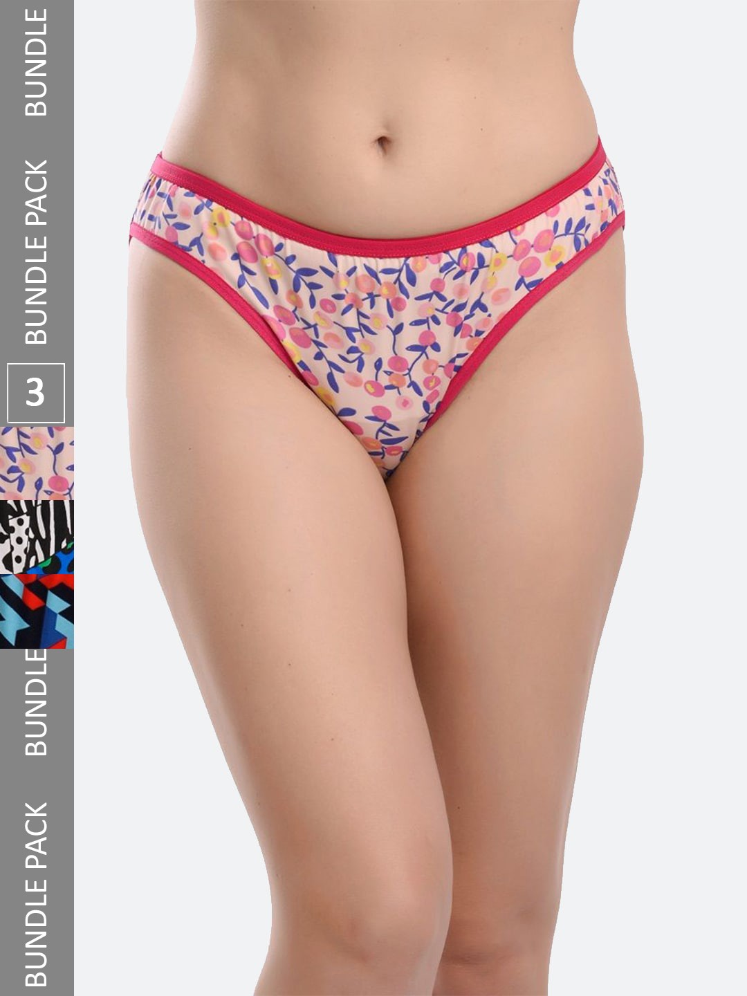 

Fleurt Pack Of 3 Printed Assorted Cotton Hipster Briefs