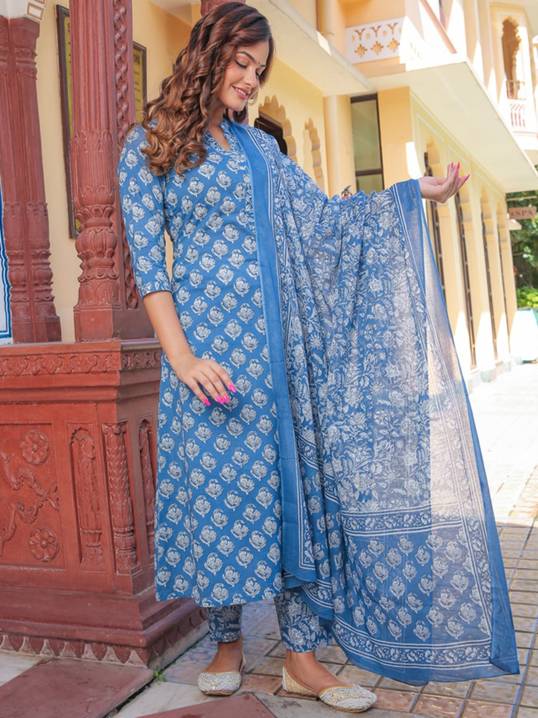 

Jaipuri Adaah Ethnic Motifs Printed Regular Pure Cotton Kurta With Trousers & Dupatta, Blue