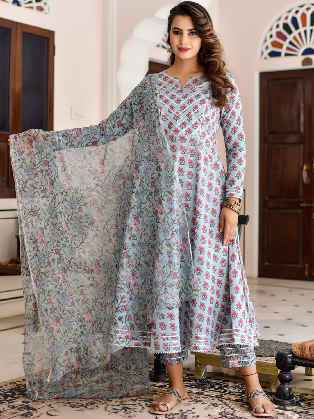 

Jaipuri Adaah Floral Printed Empire Pure Cotton Kurta with Trousers & Dupatta, Blue