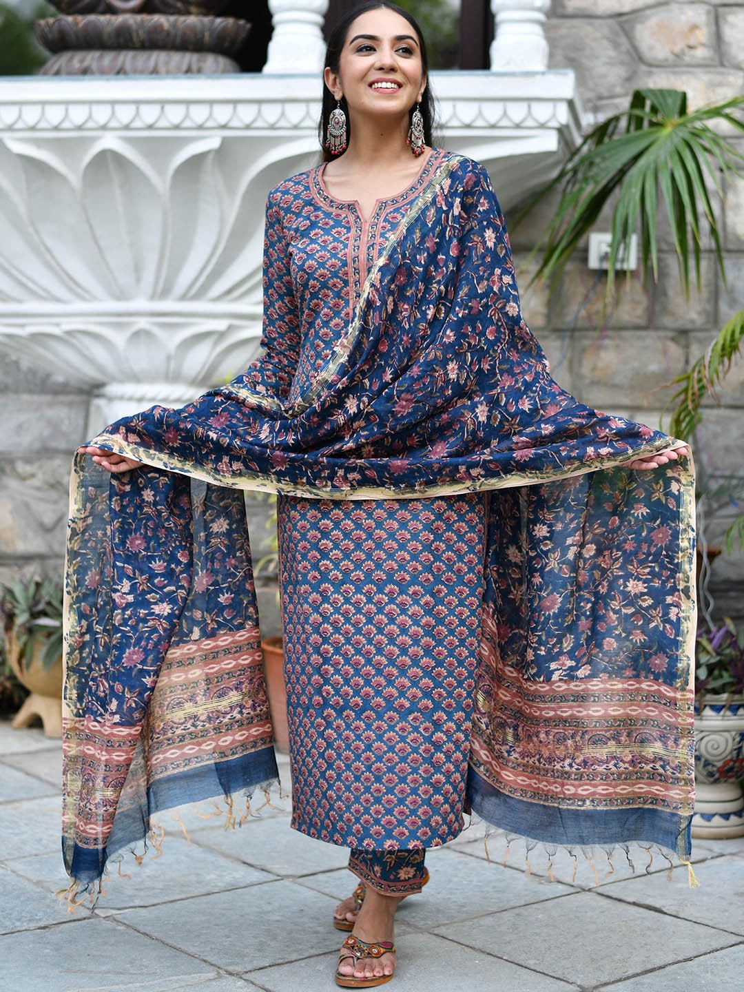 

Jaipuri Adaah Ethnic Motifs Printed Pure Cotton Kurta with Trousers & Dupatta, Blue