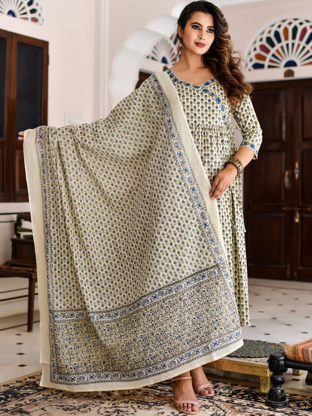 

Jaipuri Adaah Floral Printed Angrakha Pure Cotton Kurta with Trousers & With Dupatta, Off white