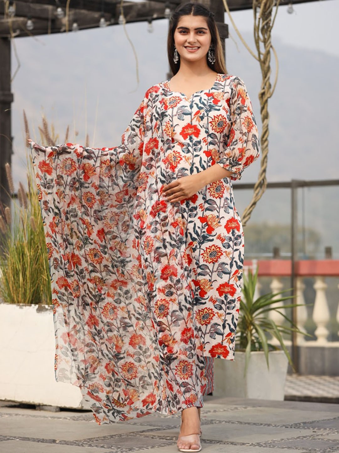

Jaipuri Adaah Floral Printed Sweetheart Neck Pure Cotton Kurta Set With Dupatta, White