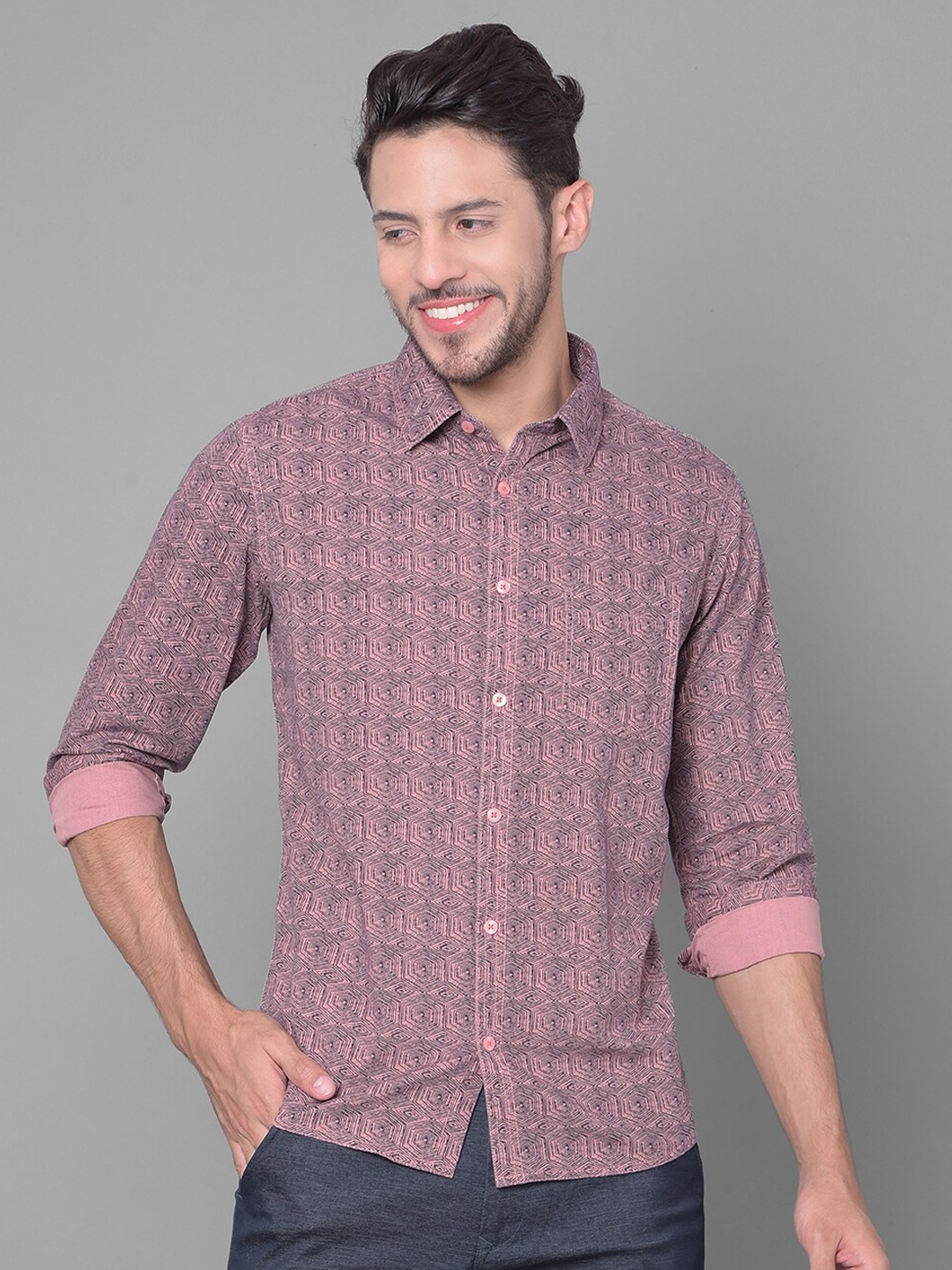 

Canary London Cotton Smart Slim Fit Opaque Printed Casual Shirt, Peach