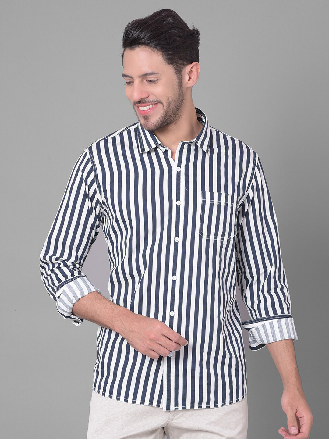 

Canary London Smart Slim Fit Cotton Stripes Opaque Striped Casual Shirt, Navy blue
