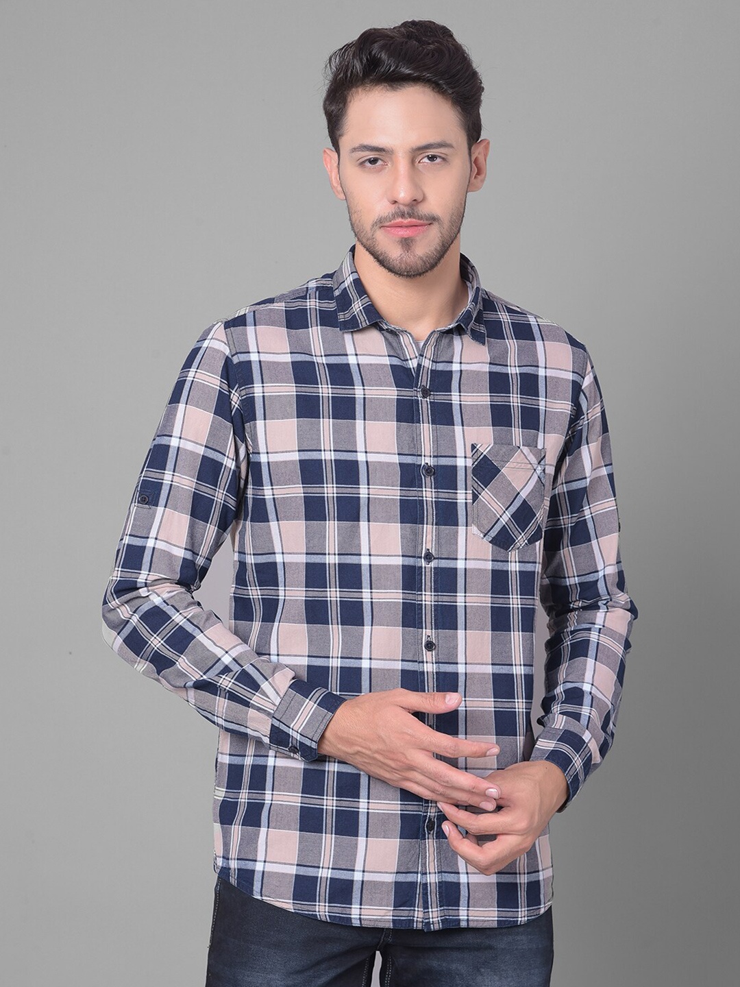 

Canary London Smart Slim Fit Tartan Checked Cotton Opaque Casual Shirt, Peach