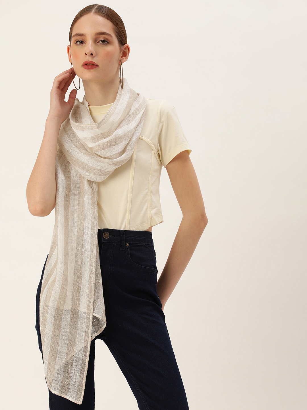 

ASVA Women Striped Scarf, Off white