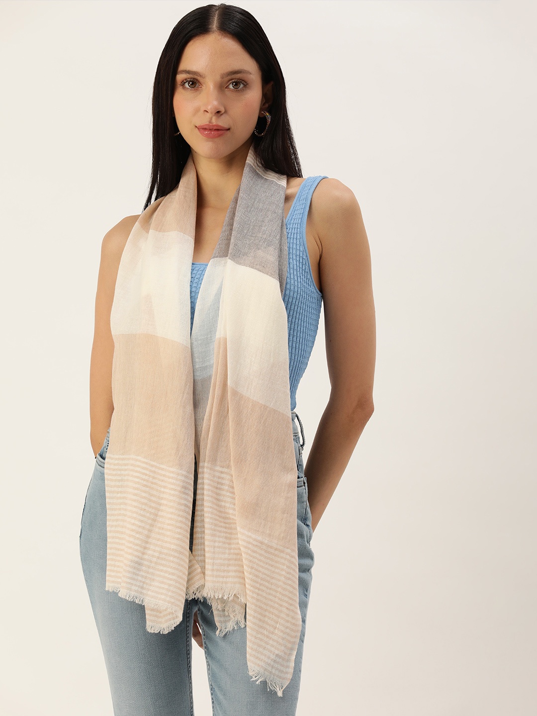 

ASVA Women Frayed Striped Scarf, Grey