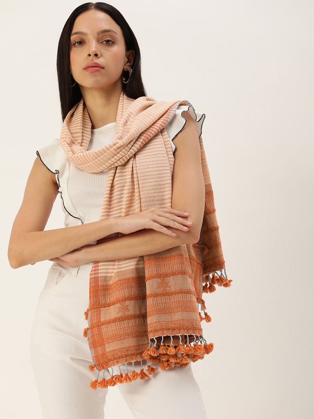 

ASVA Women Tasselled Striped Scarf, Orange