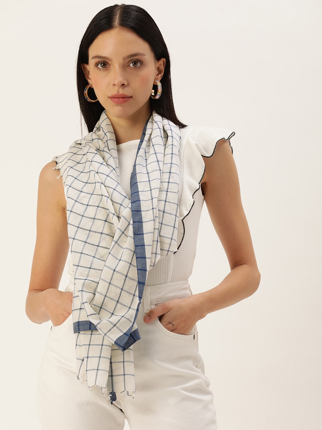 

ASVA Women Frayed Checked Scarf, White