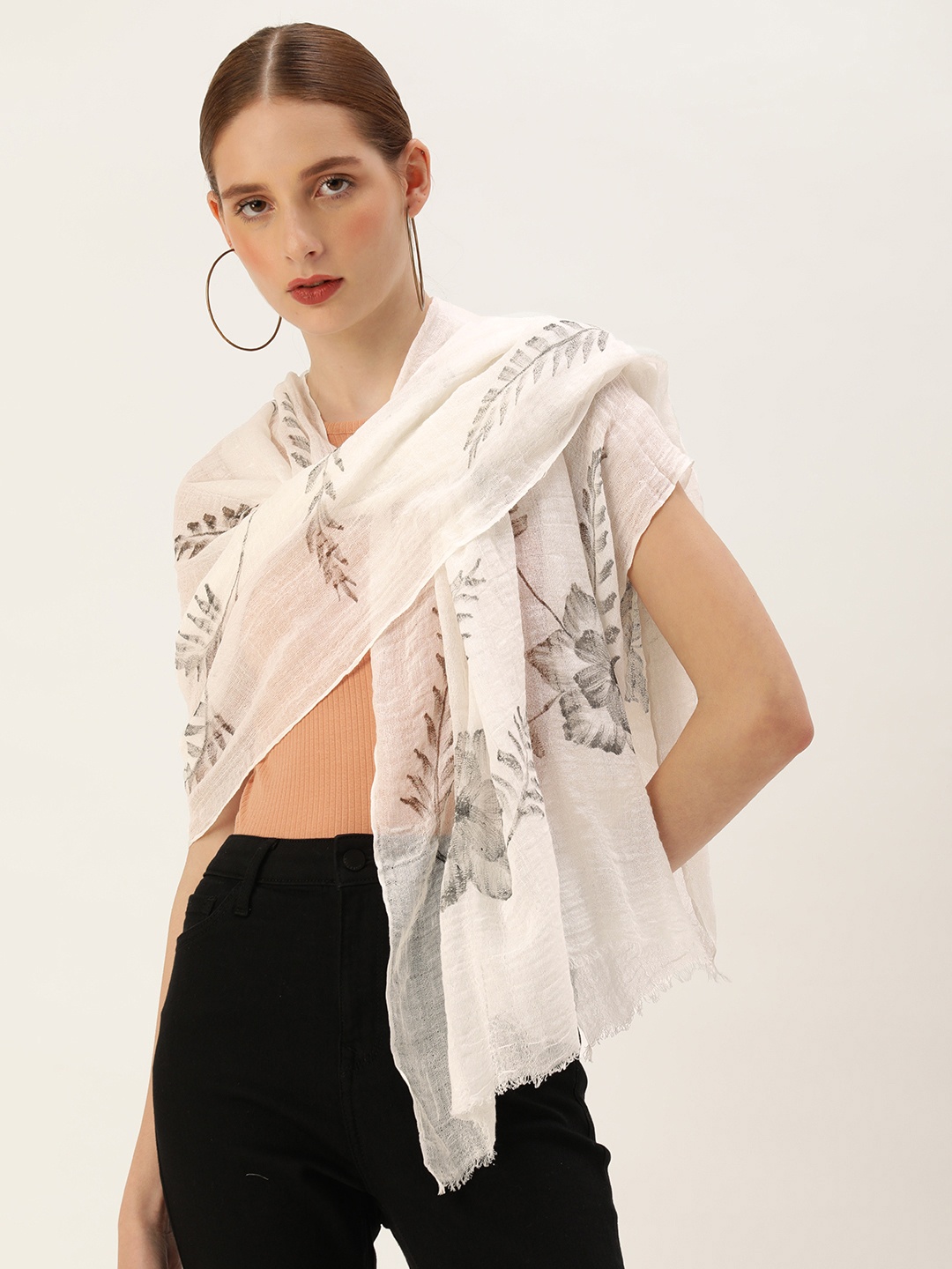 

ASVA Women Frayed Printed Scarf, White