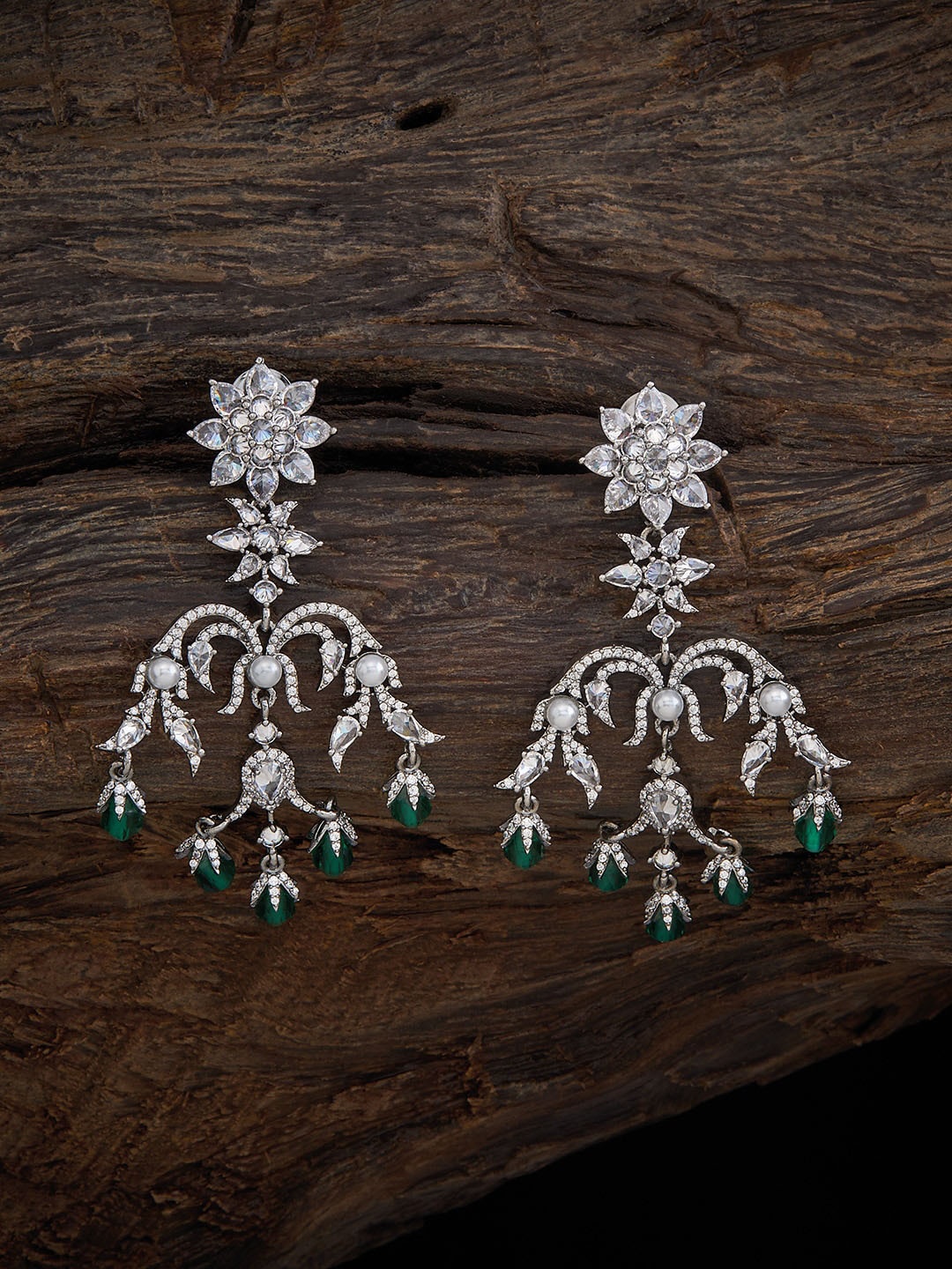 

Kushal's Fashion Jewellery Rhodium Plated CZ Studded Drop Earrings, Silver