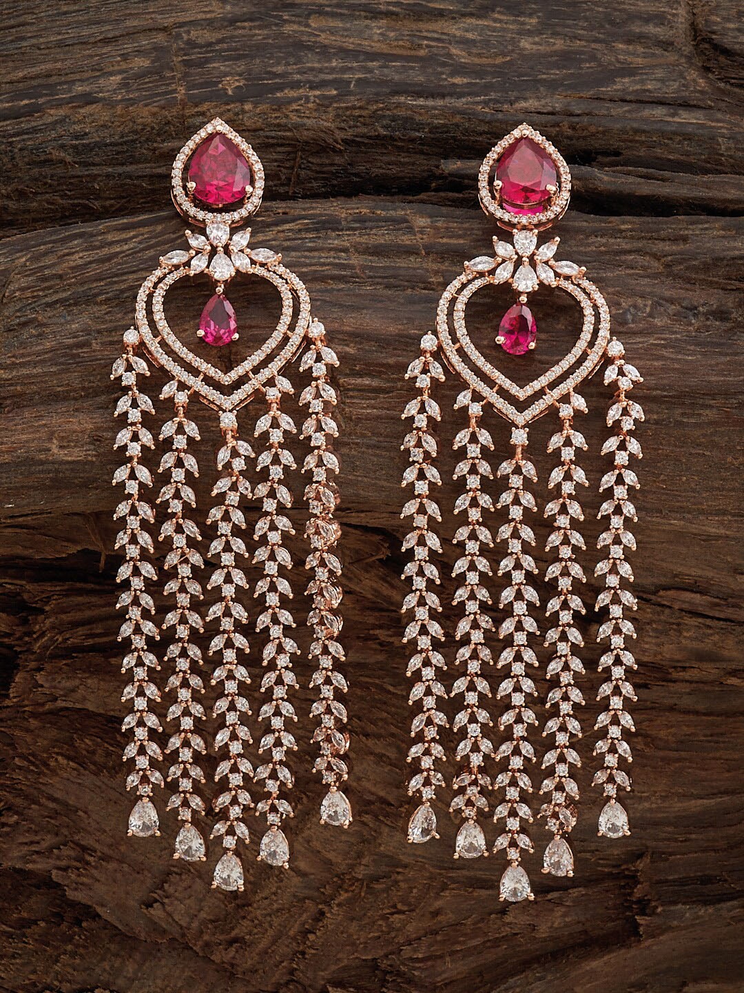 

Kushal's Fashion Jewellery Rose Gold Plated CZ Studded Teardrop Shaped Drop Earrings