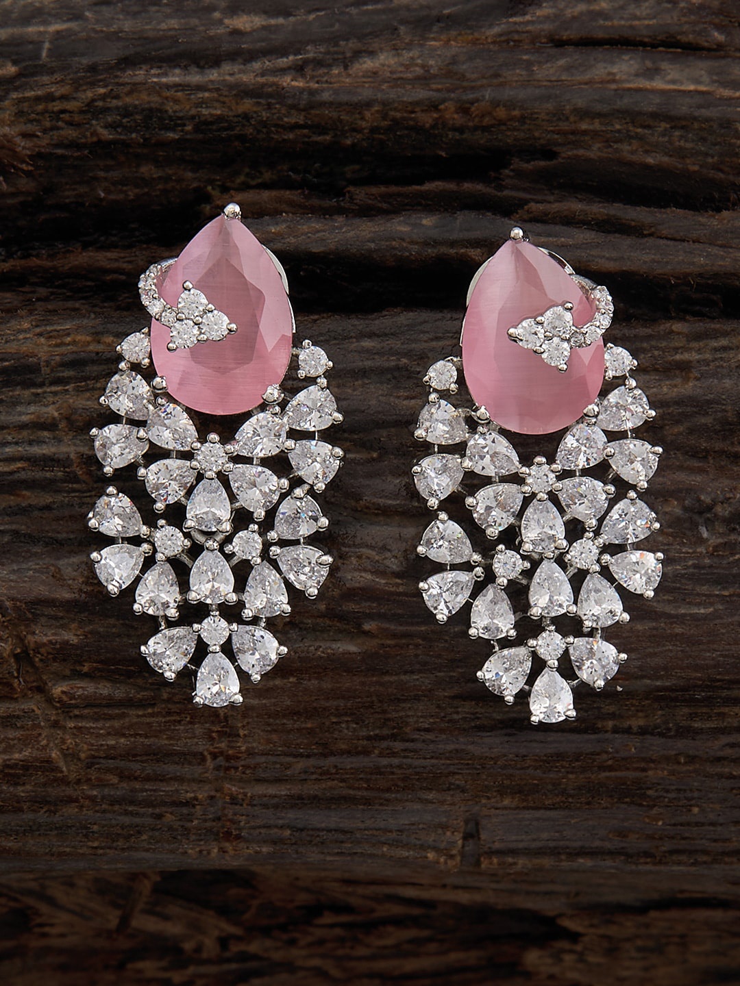 

Kushal's Fashion Jewellery Rhodium Plated CZ Studded Drop Earrings, Silver