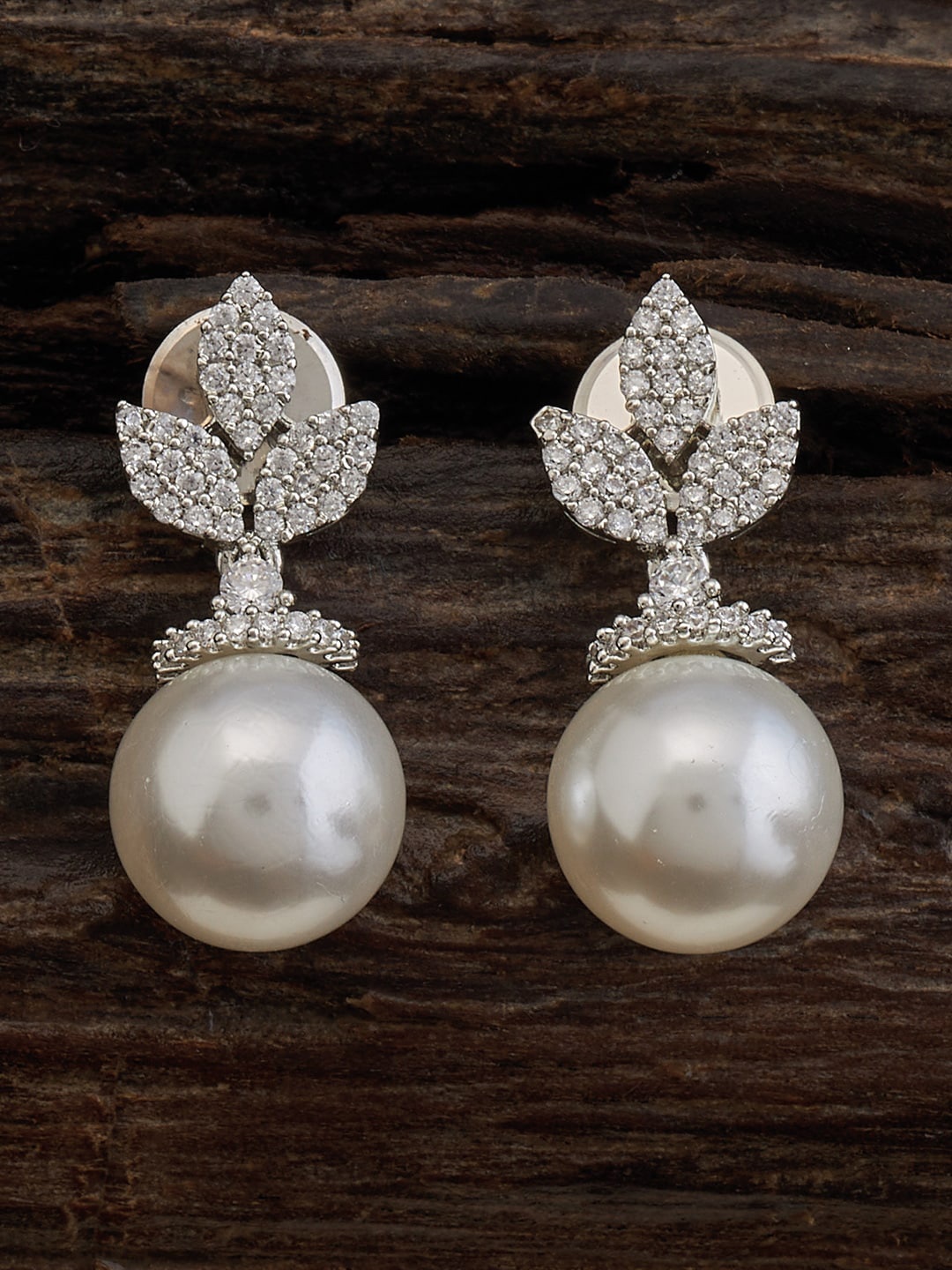 

Kushal's Fashion Jewellery Rhodium Plated CZ Studded & Pearls Beaded Drop Earrings, Silver