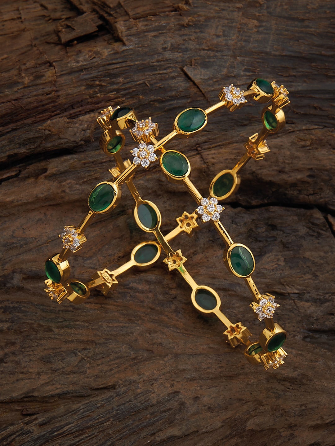 

Kushal's Fashion Jewellery Set Of 2 92.5 Pure Silver Gold-Plated Stone-Studded Bangles, Green