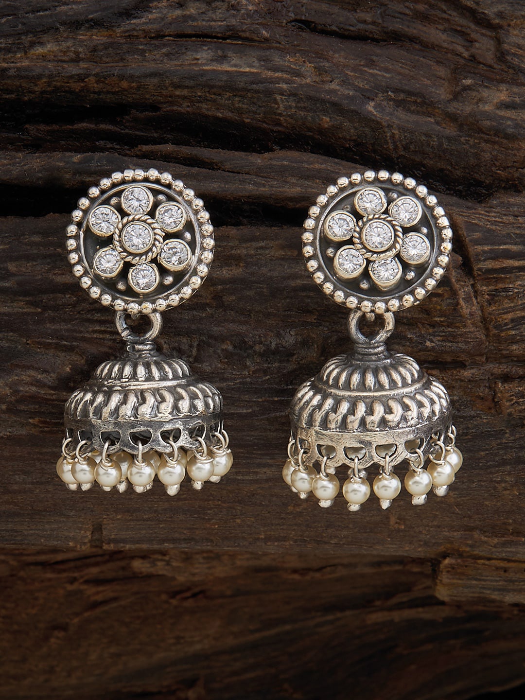 

Kushal's Fashion Jewellery Rhodium Plated Dome Shaped Jhumkas Earrings, White