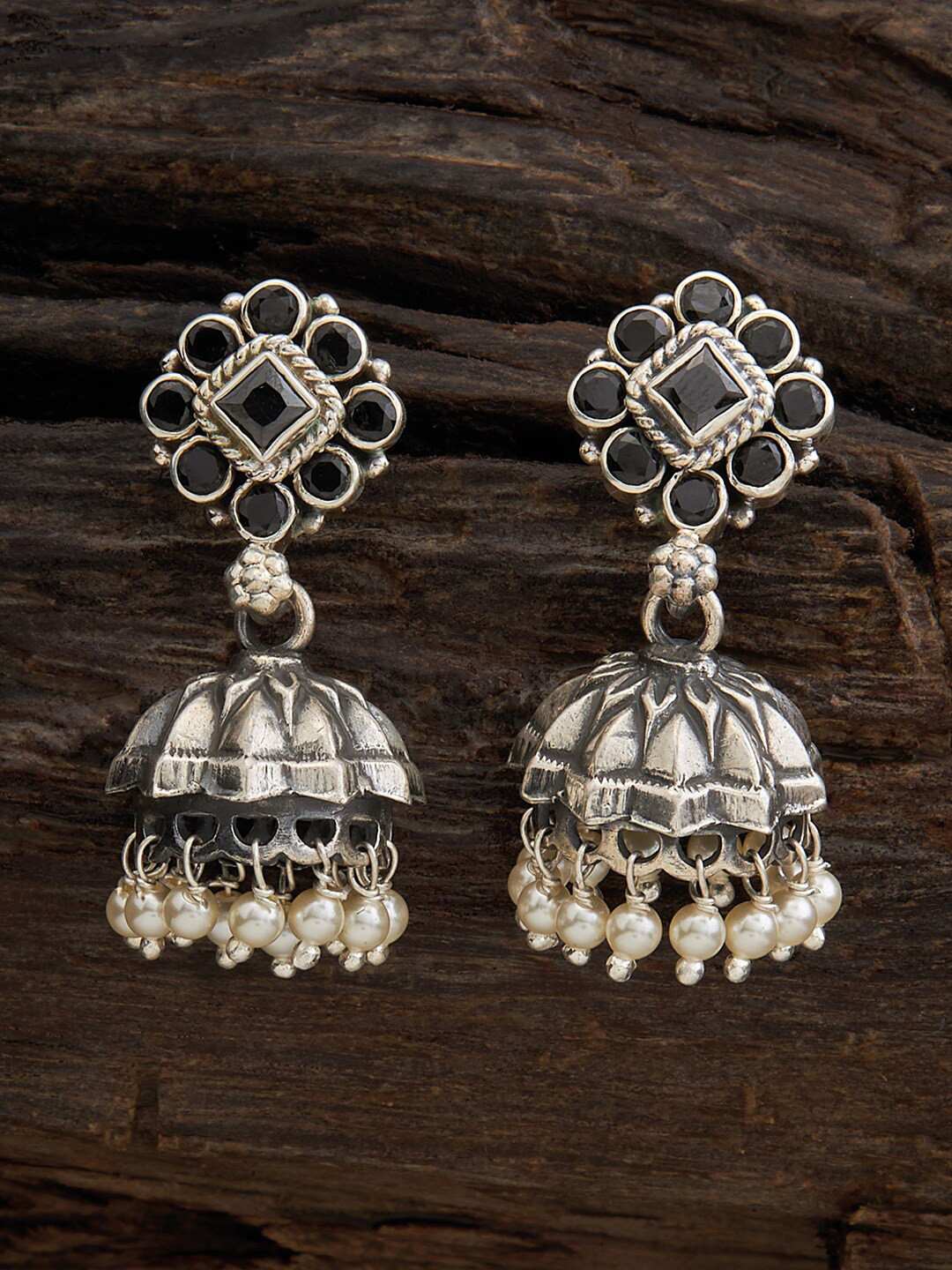 

Kushal's Fashion Jewellery Rhodium Plated Dome Shaped Jumkas Earrings, Black