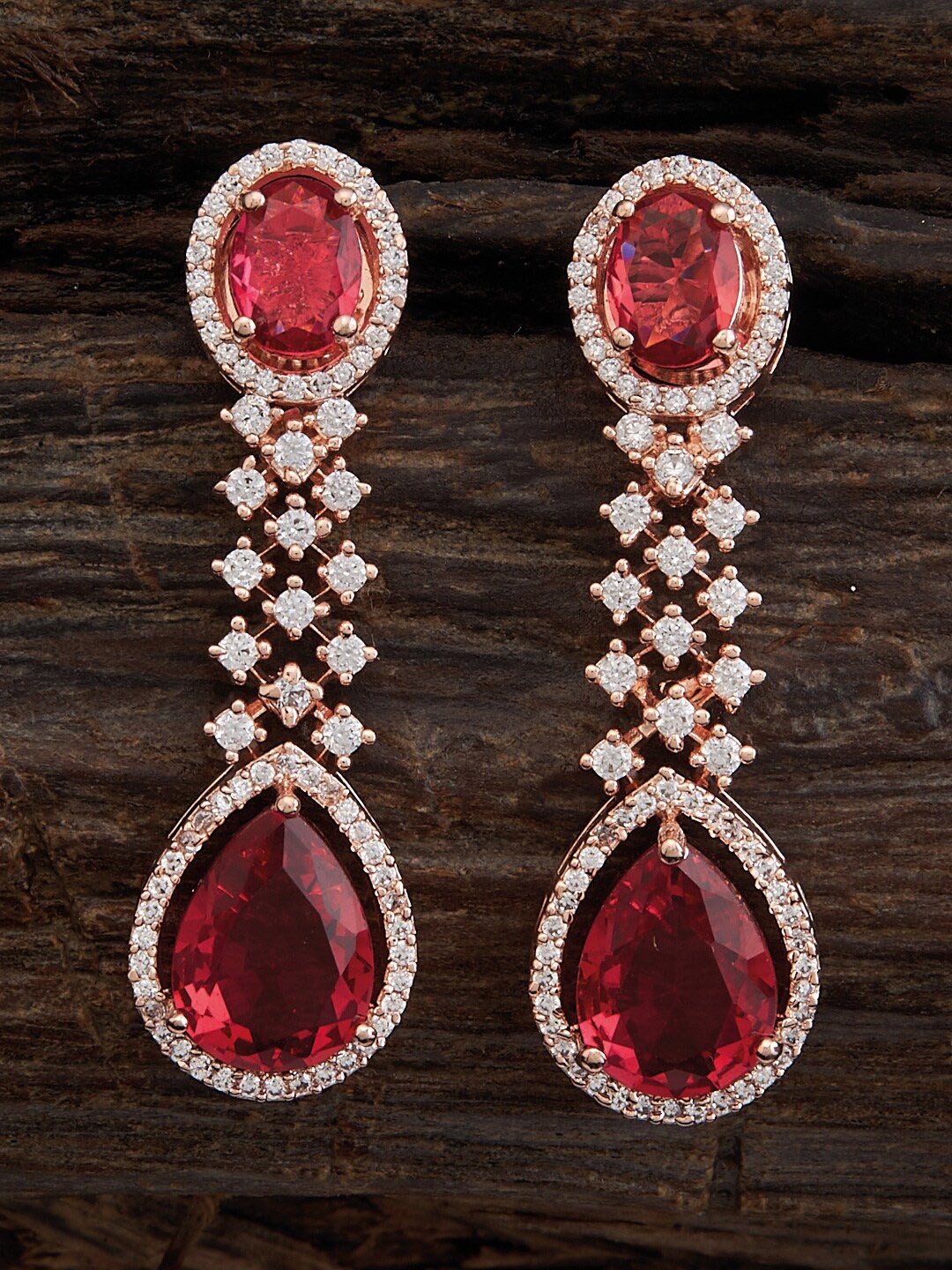 

Kushal's Fashion Jewellery Gold Plated Ruby & CZ Studded Teardrop Shaped Drop Earrings