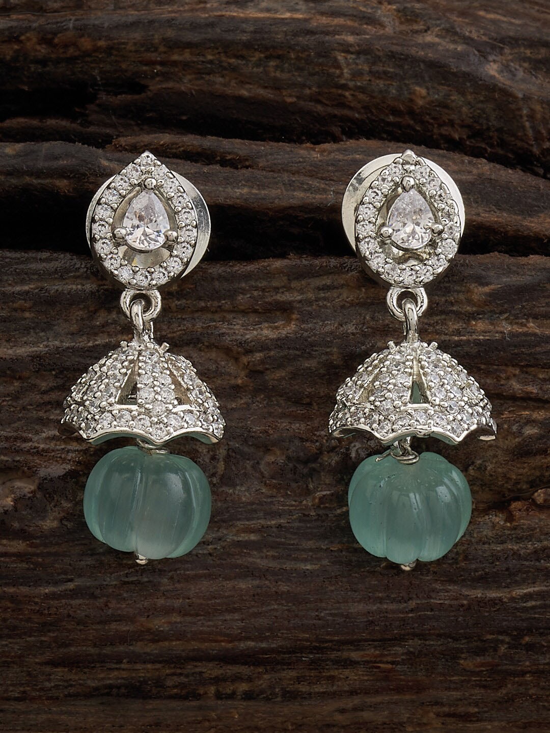 

Kushal's Fashion Jewellery Rhodium Plated Cubic Zirconia Studded Dome Shaped Jhumkas, Silver