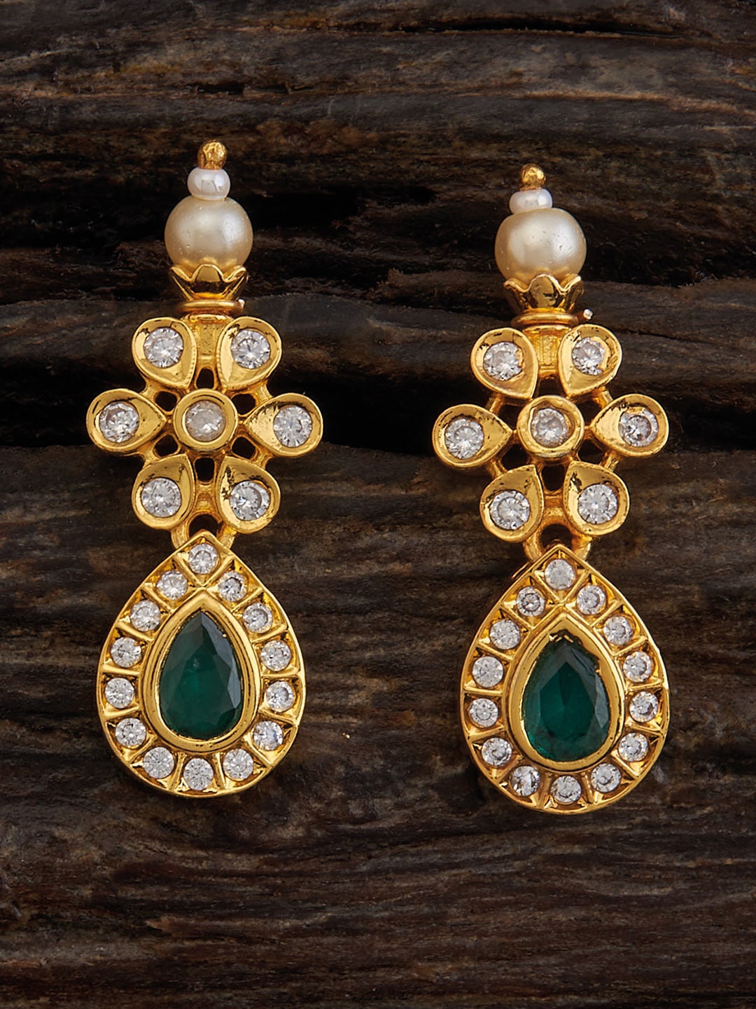 

Kushal's Fashion Jewellery Gold-Plated CZ-Studded 92.5 Pure Silver Temple Drop Earrings