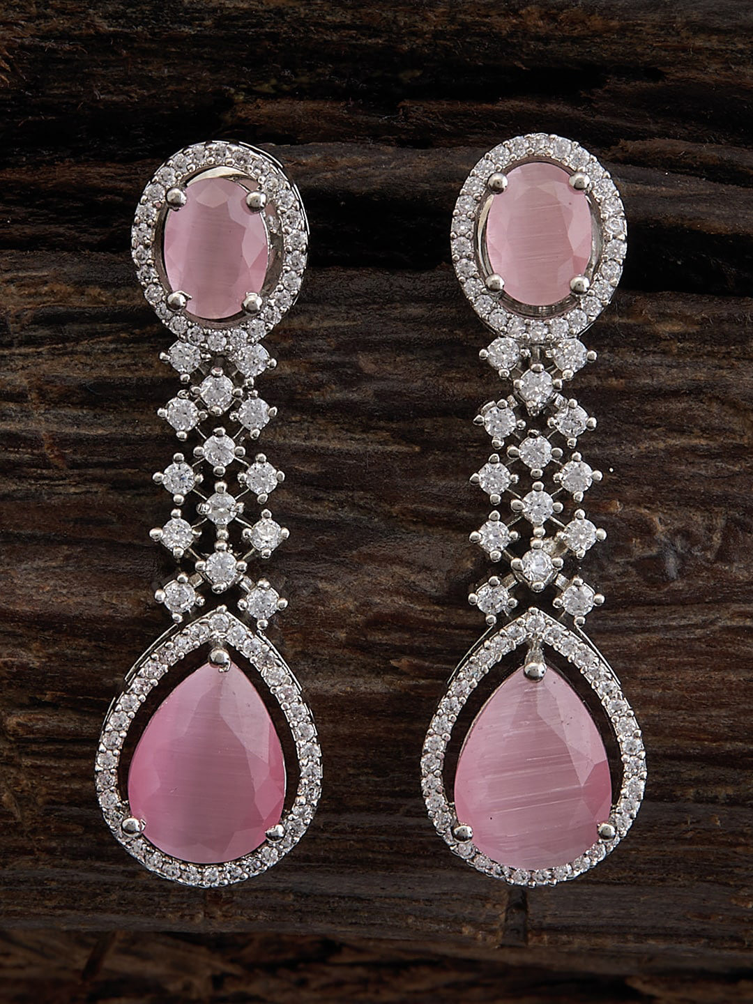 

Kushal's Fashion Jewellery Rhodium-Plated Cubic Zirconia Studded Drop Earrings, Silver