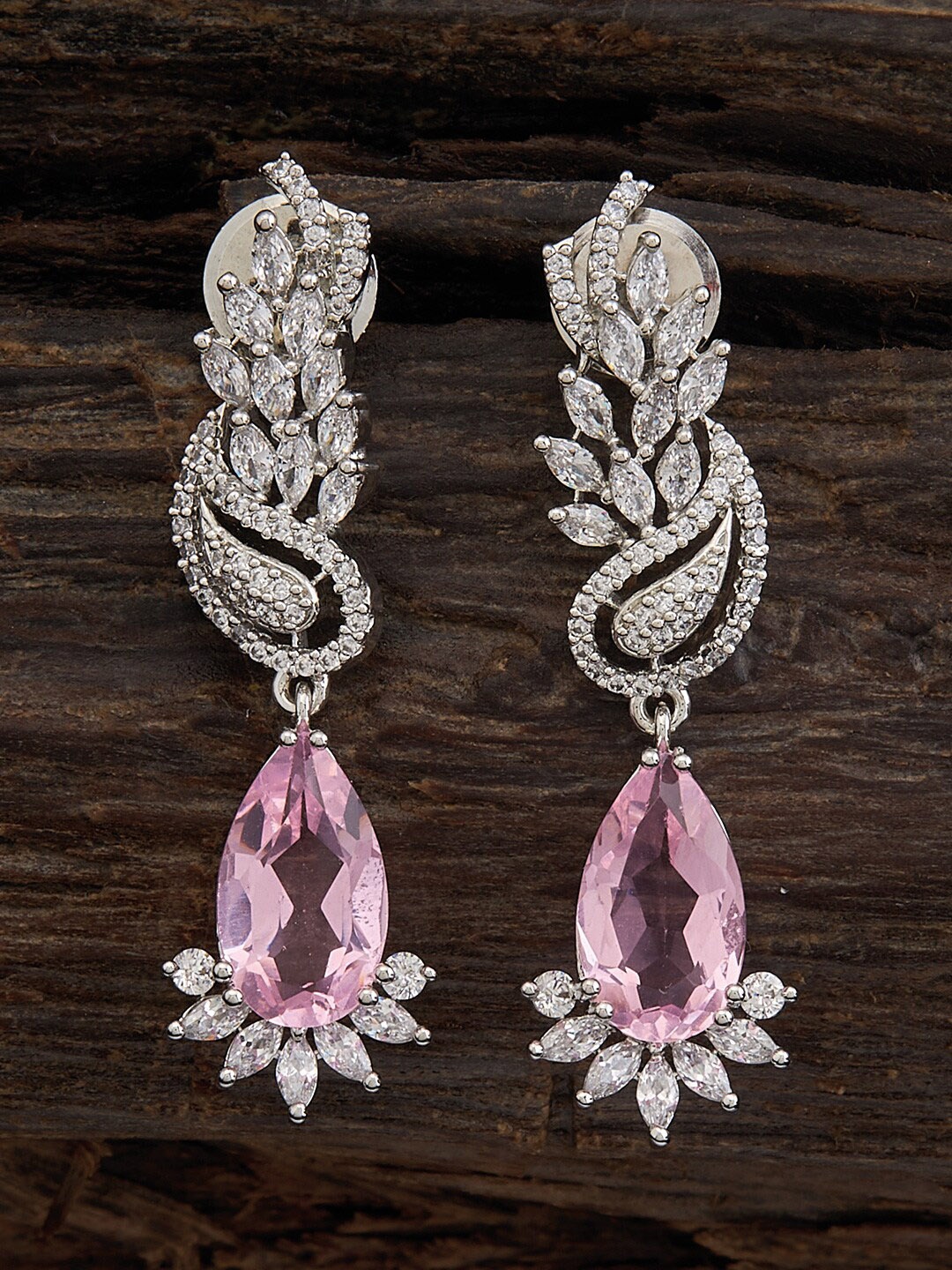 

Kushal's Fashion Jewellery Rhodium-Plated Cubic Zirconia Studded Drop Earrings, Silver