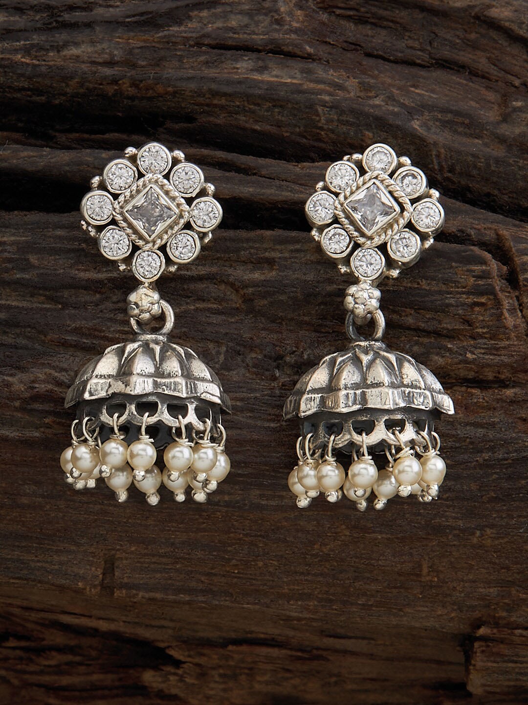 

Kushal's Fashion Jewellery Rhodium-Plated Cubic Zirconia Studded Dome Shaped Jhumkas, Silver