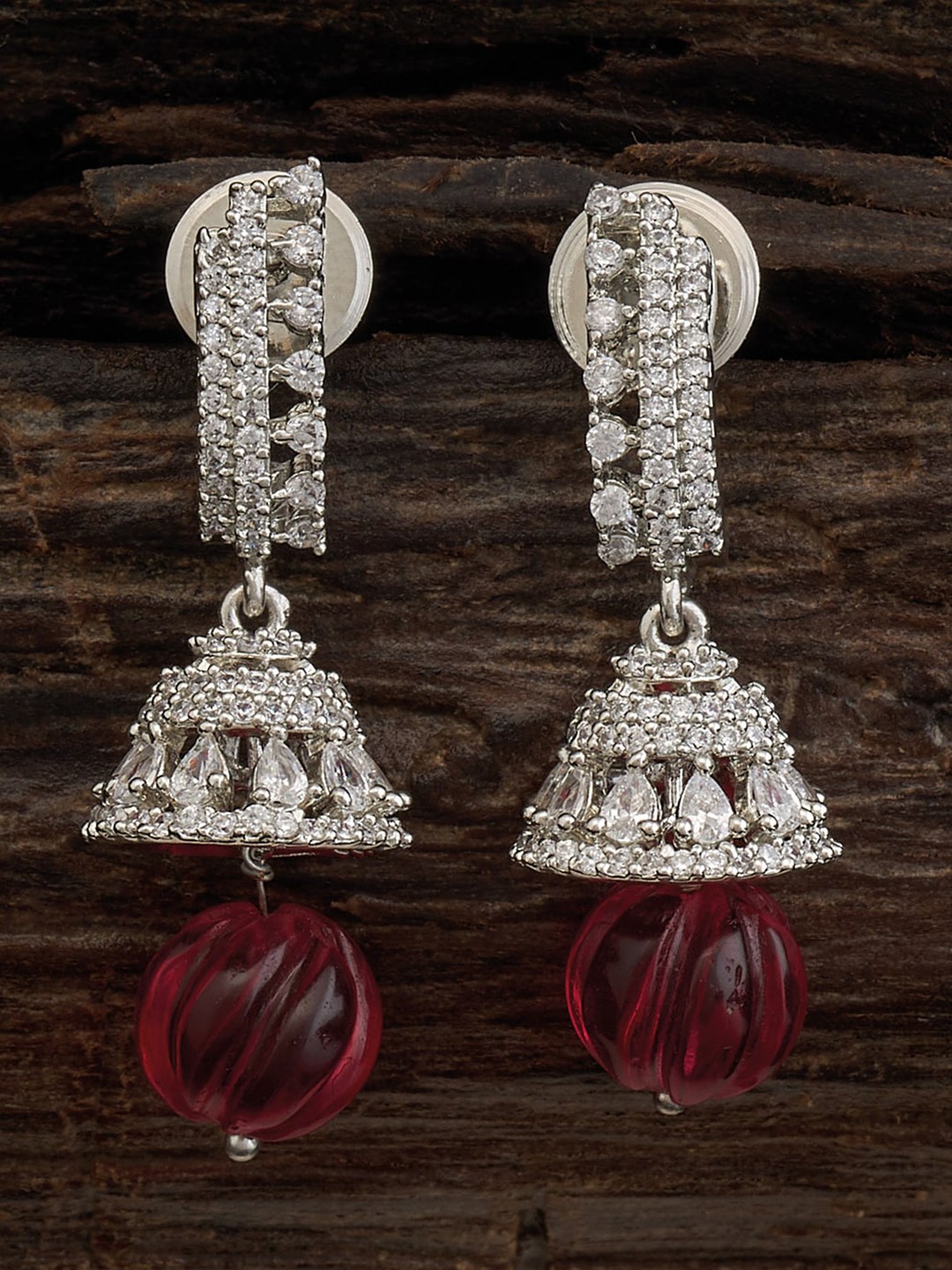 

Kushal's Fashion Jewellery Rhodium-Plated Cubic Zirconia Studded Dome Shaped Jhumkas, Silver