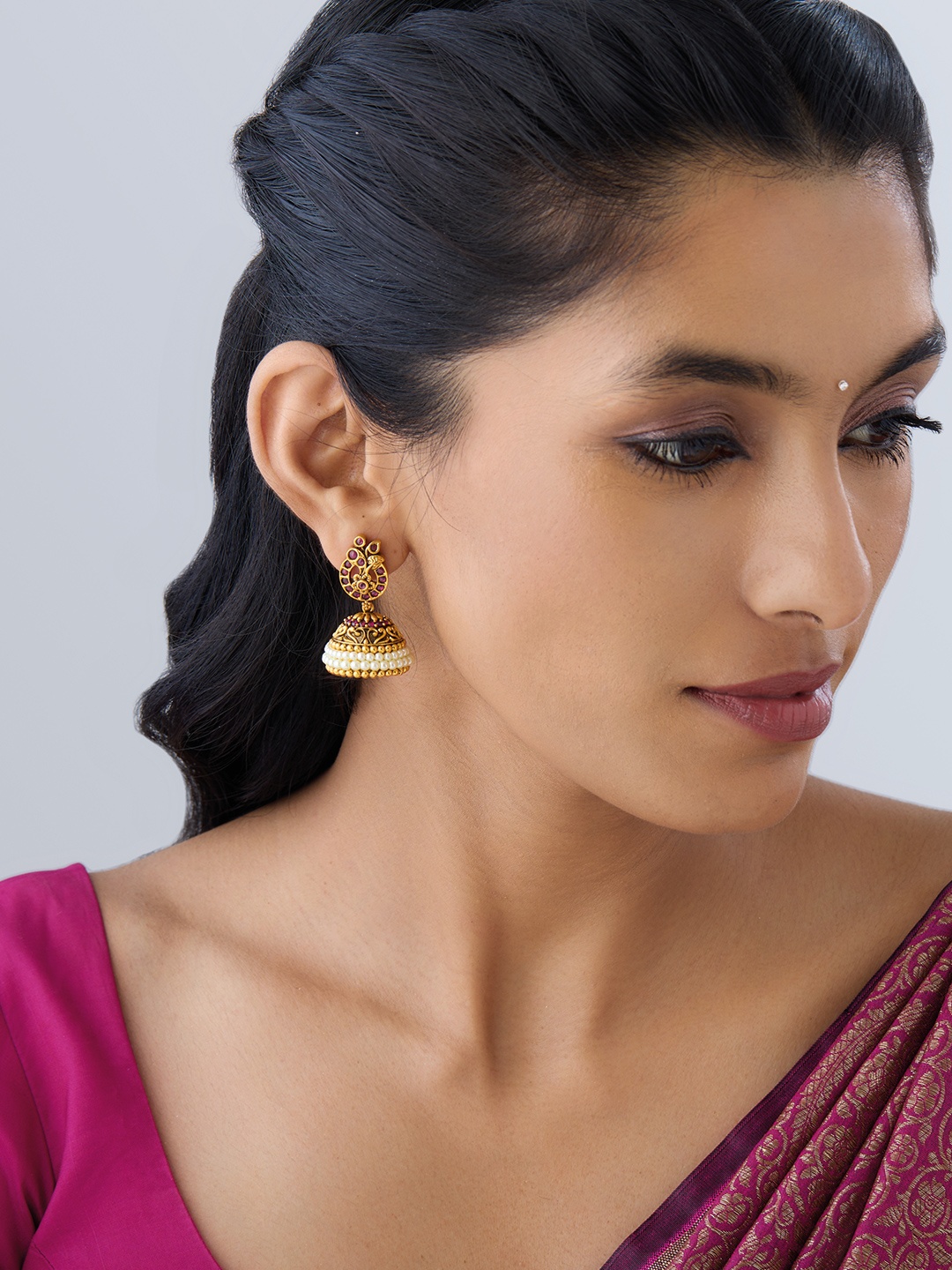

Kushal's Fashion Jewellery Gold-Plated Cubic Zirconia Studded Dome Shaped Jhumkas