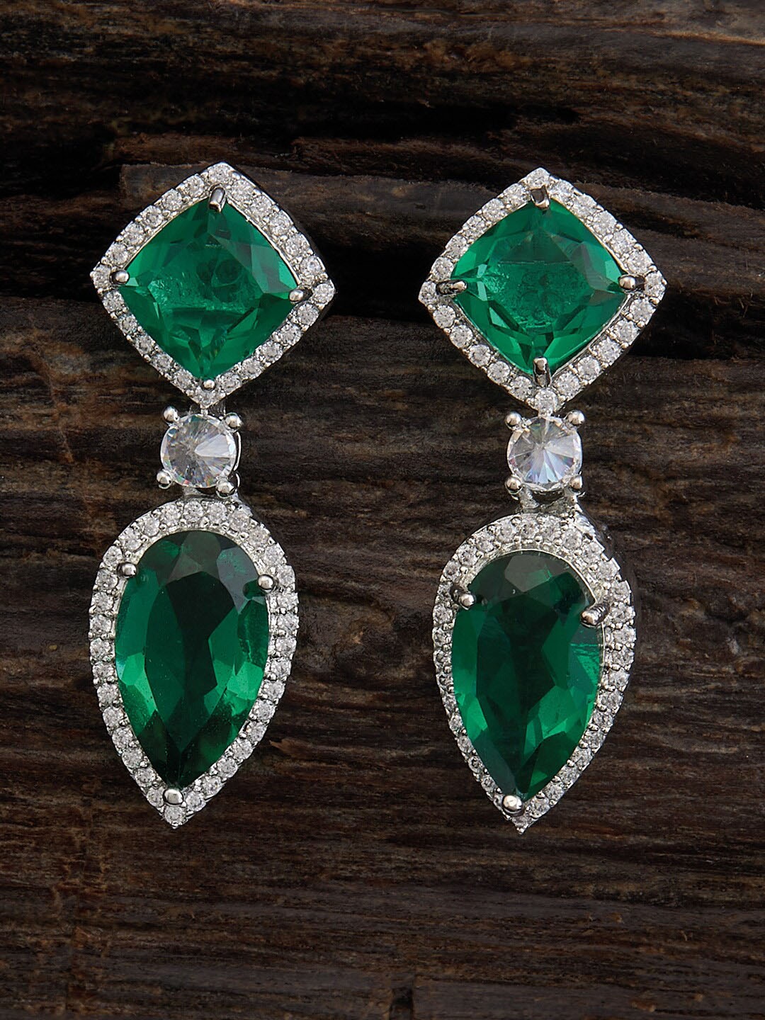 

Kushal's Fashion Jewellery Rhodium-Plated Cubic Zirconia Studded Studs Earrings, Green