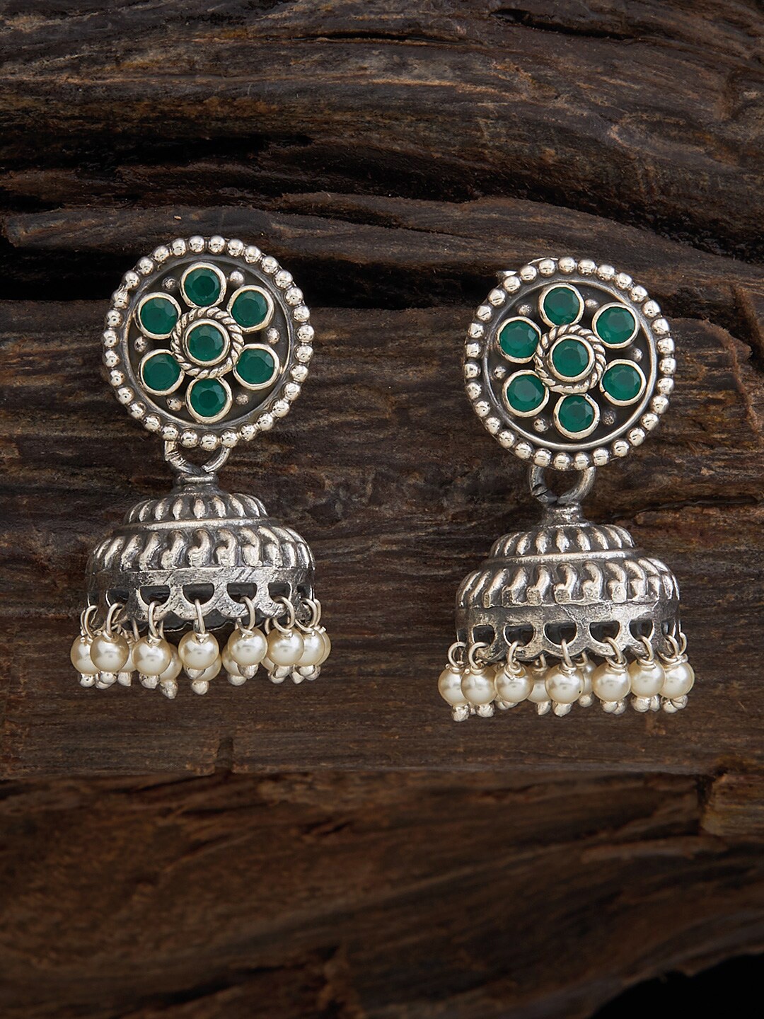 

Kushal's Fashion Jewellery Rhodium-Plated Cubic Zirconia Studded Jhumkas, Green