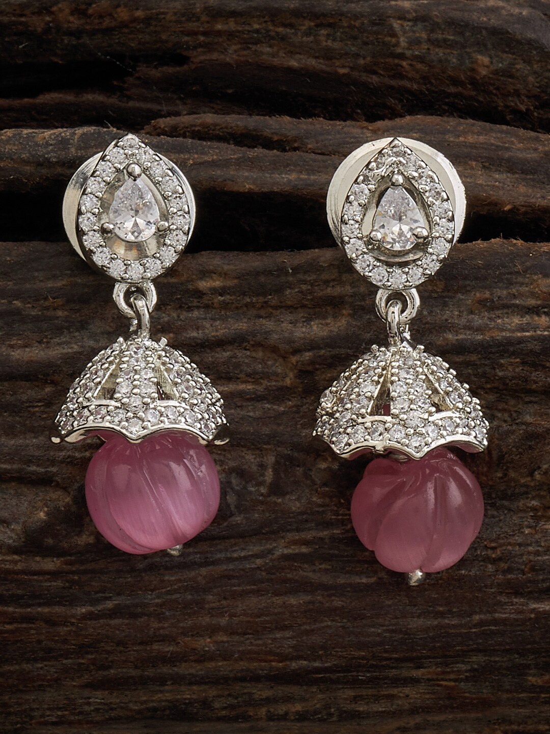 

Kushal's Fashion Jewellery Rhodium-Plated Cubic Zirconia Studded Drop Earrings, Pink